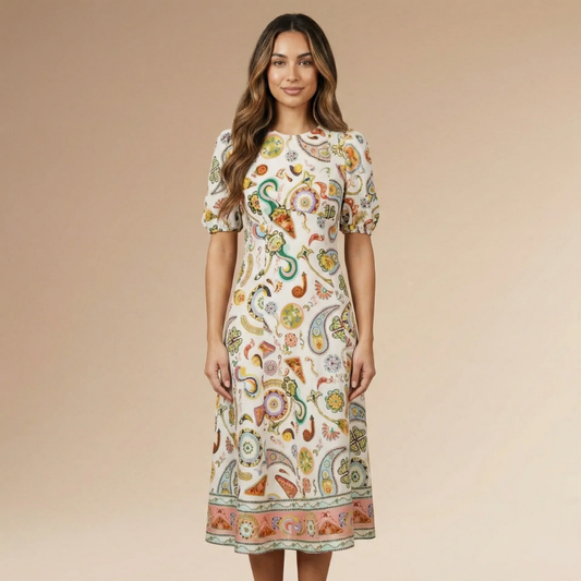 Women's Wedding Guest Paisley Puff Sleeve Midi Dress - product image 1