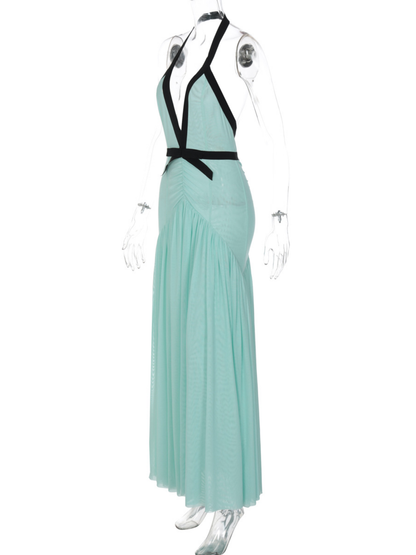 Women's Wedding Guest Halter Maxi Dress with Open Back