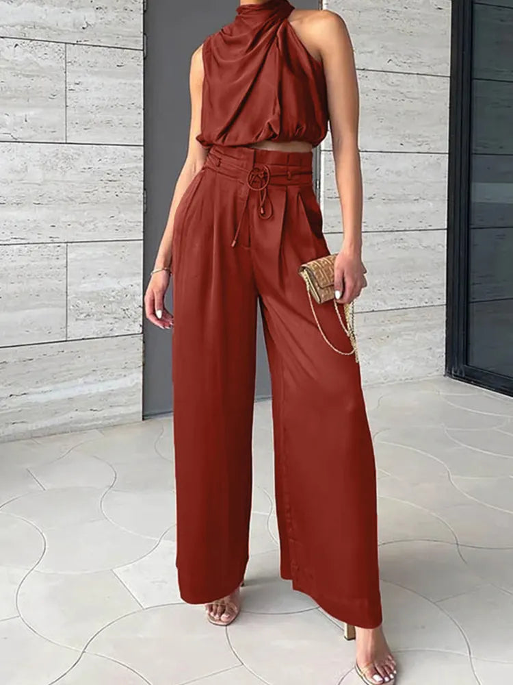 Women's Cocktail Sleeveless Halter Wide Leg Pants Set