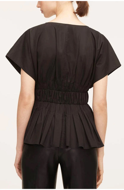 Women's Office Split Neck Pleated Peplum Blouse With Belt - product image 3