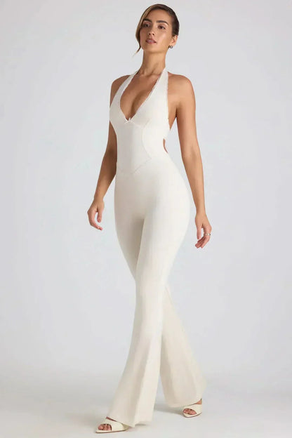 Women's Cocktail Halter V Neck Flared Jumpsuit - product image 1