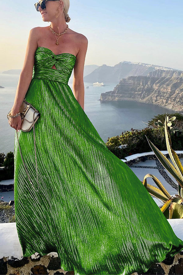 Women's Formal Strapless Pleated Metallic Maxi Dress