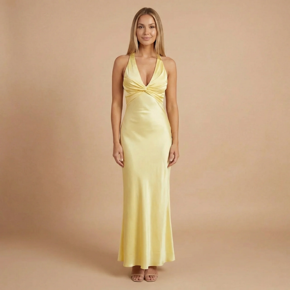 Women's Wedding Guest Halter V Neck Satin Maxi Dress - product image 1