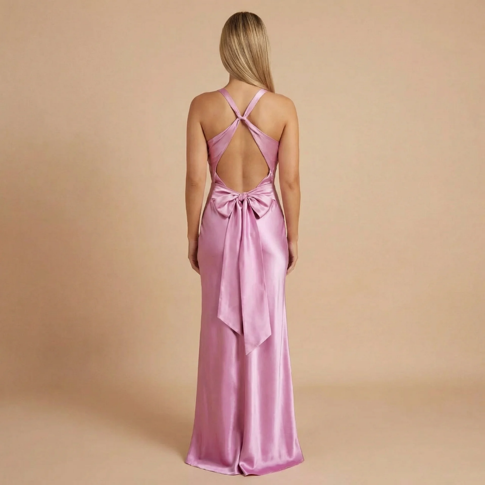 Women's Wedding Guest Halter V Neck Satin Maxi Dress - product image 5