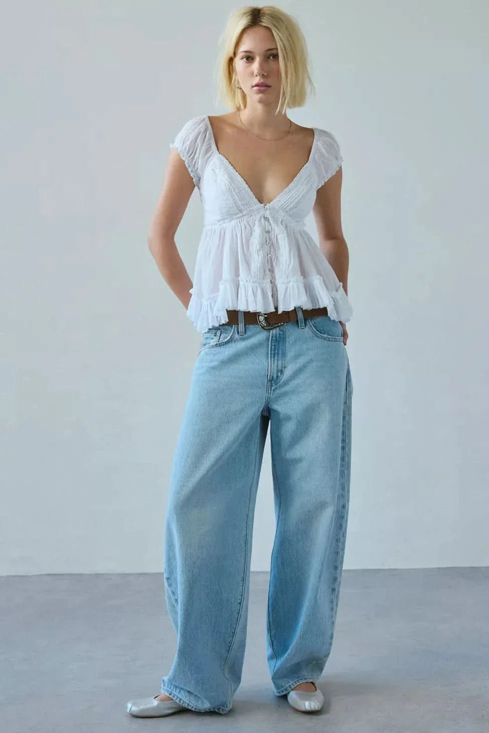 Women's Summer V Neck Button Front Peplum Blouse - product image 1