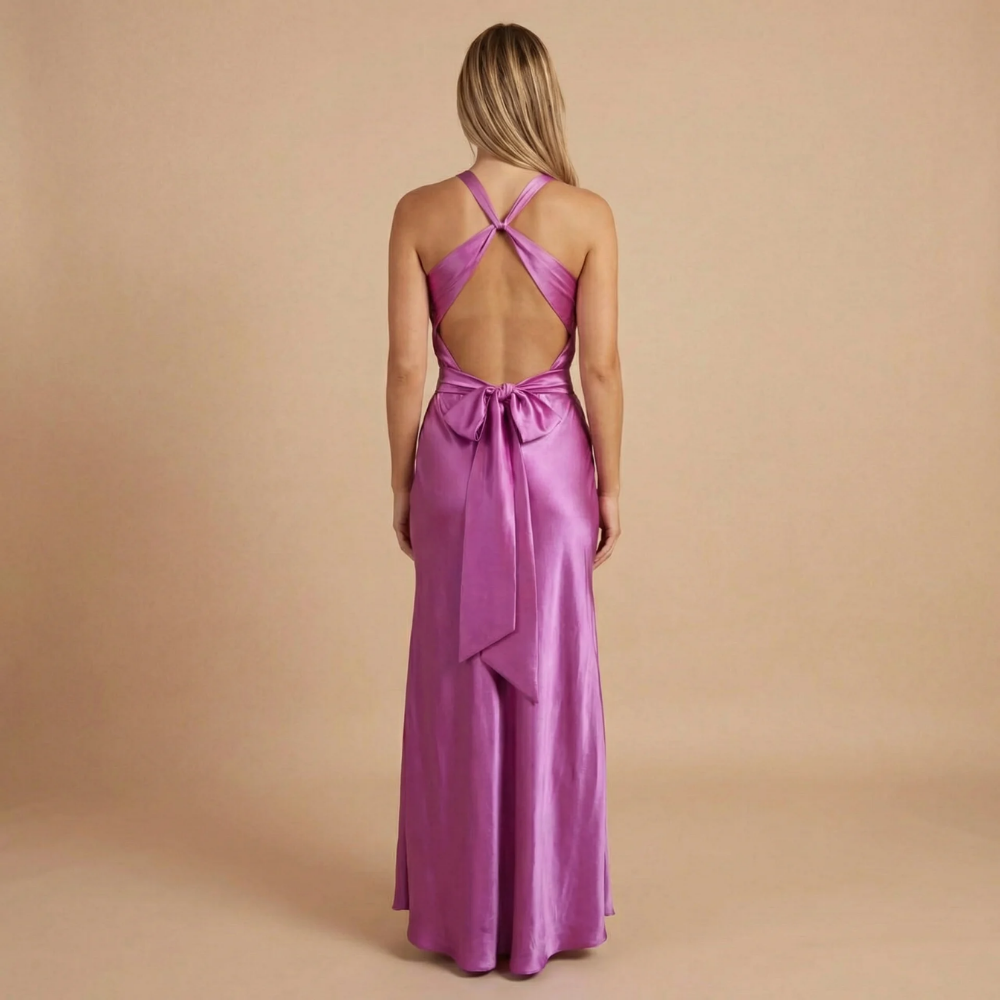 Women's Wedding Guest Halter V Neck Satin Maxi Dress - product image 6