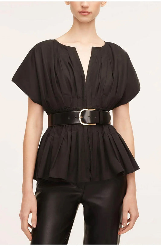 Women's Office Split Neck Pleated Peplum Blouse With Belt - product image 1