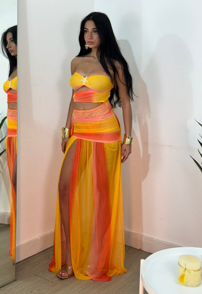 Women's Cocktail Strapless Sheer Maxi Skirt Set
