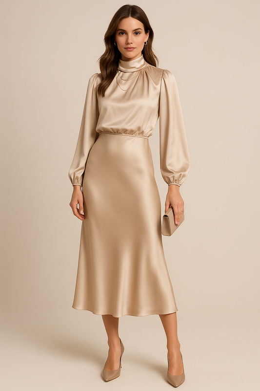 Women's Cocktail Satin High Neck Long Sleeve Midi Dress