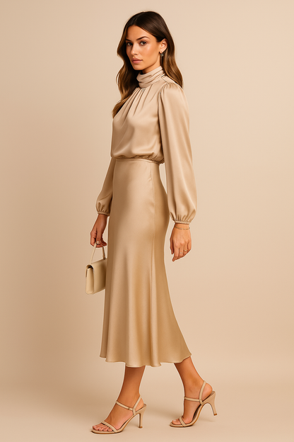 Women's Cocktail Satin High Neck Long Sleeve Midi Dress