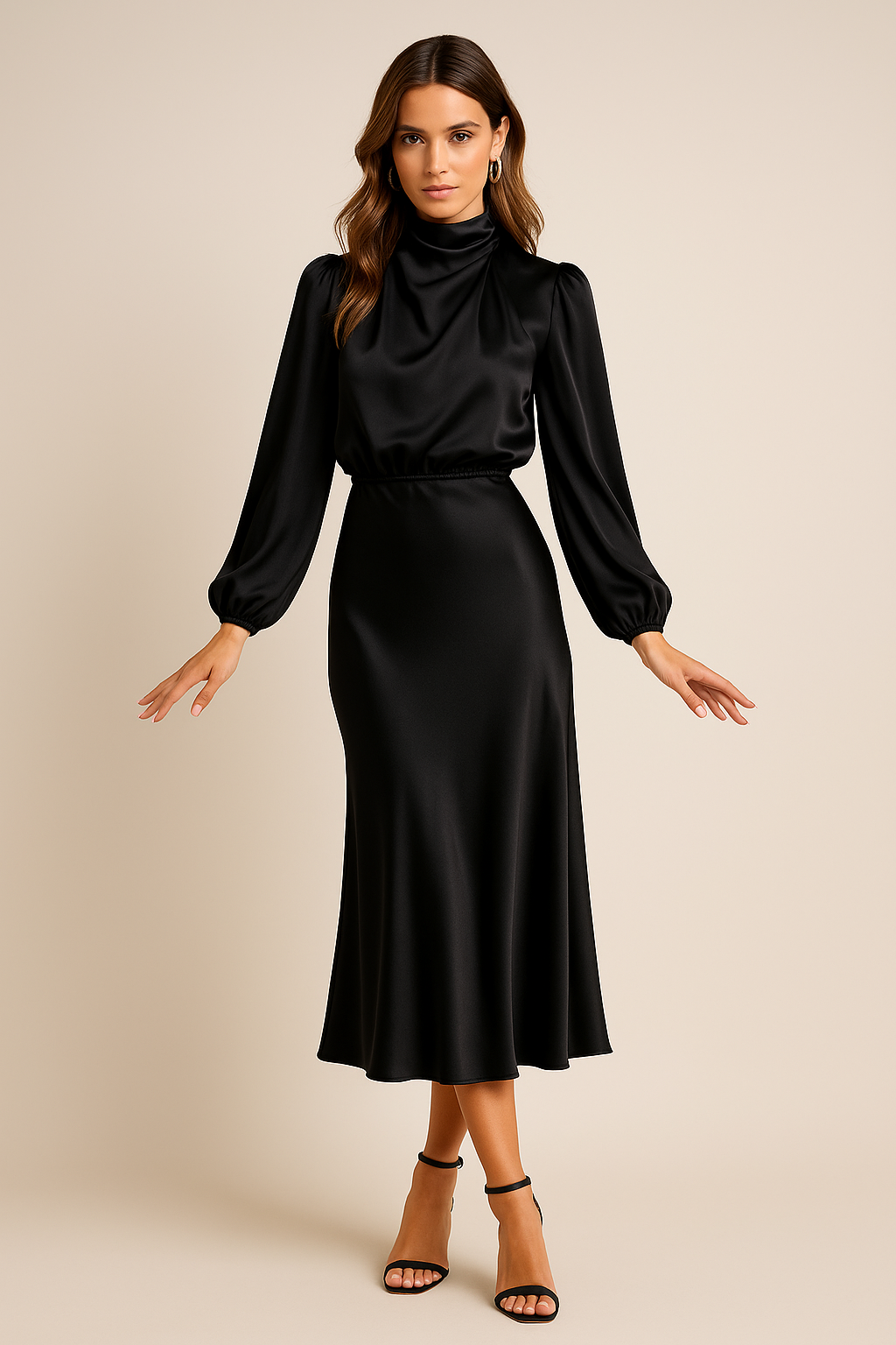 Women's Cocktail Satin High Neck Long Sleeve Midi Dress