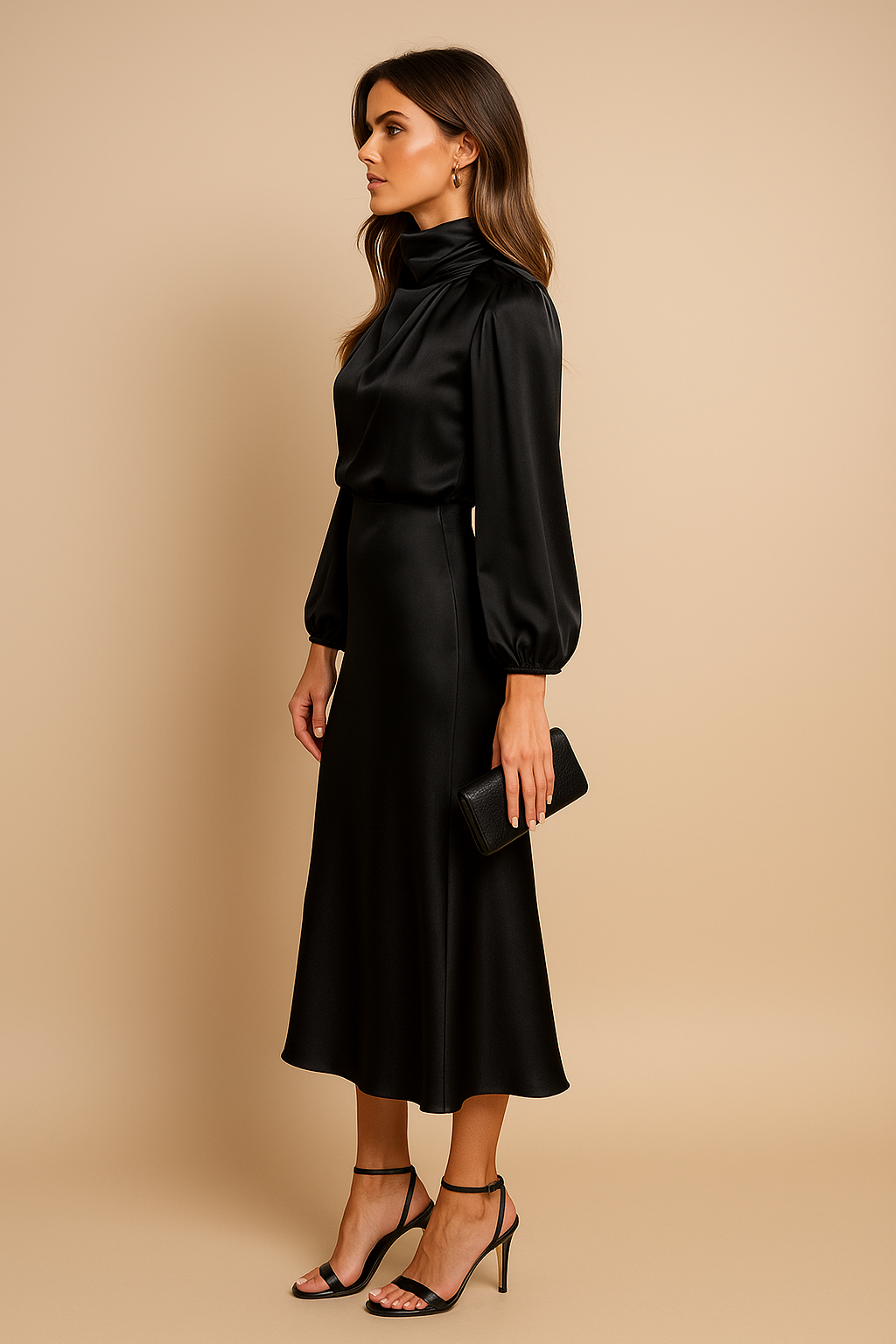 Women's Cocktail Satin High Neck Long Sleeve Midi Dress