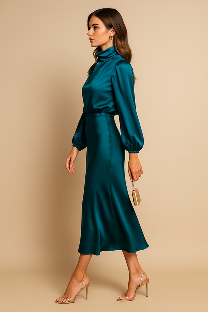 Women's Cocktail Satin High Neck Long Sleeve Midi Dress