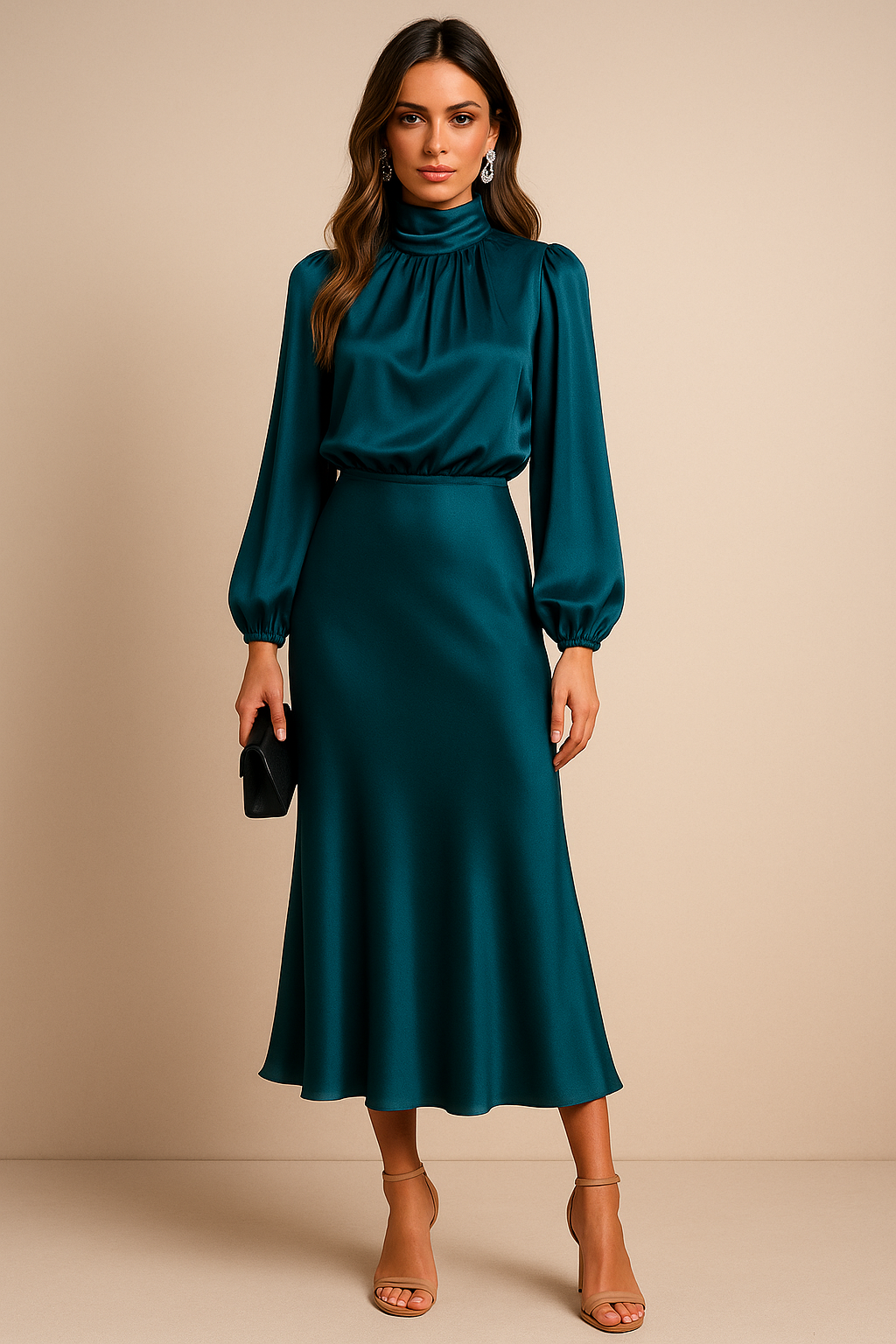 Women's Cocktail Satin High Neck Long Sleeve Midi Dress