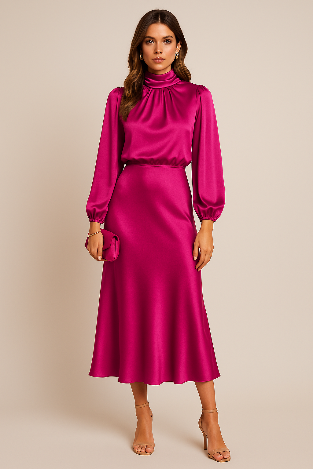 Women's Cocktail Satin High Neck Long Sleeve Midi Dress