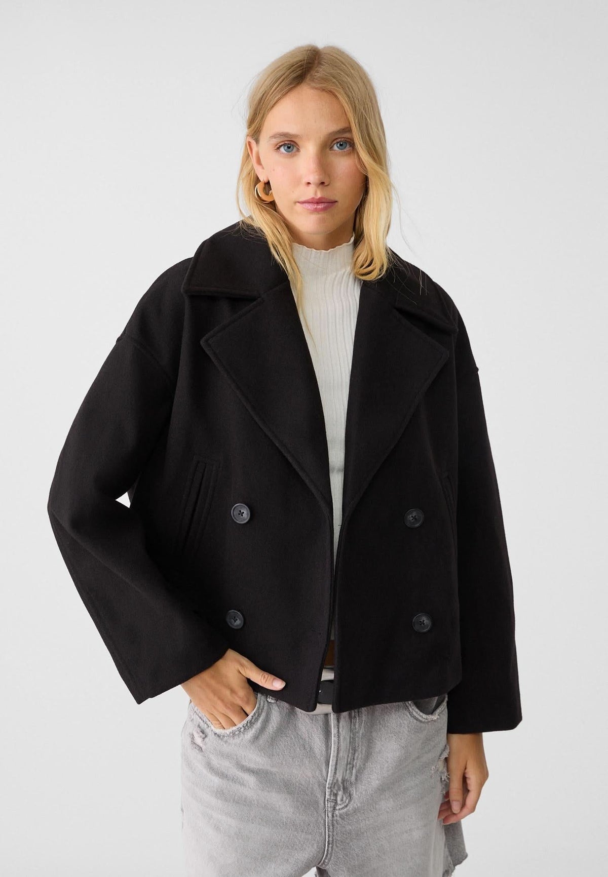 Women's Cropped Notch Lapel Double Breasted Jacket - Black