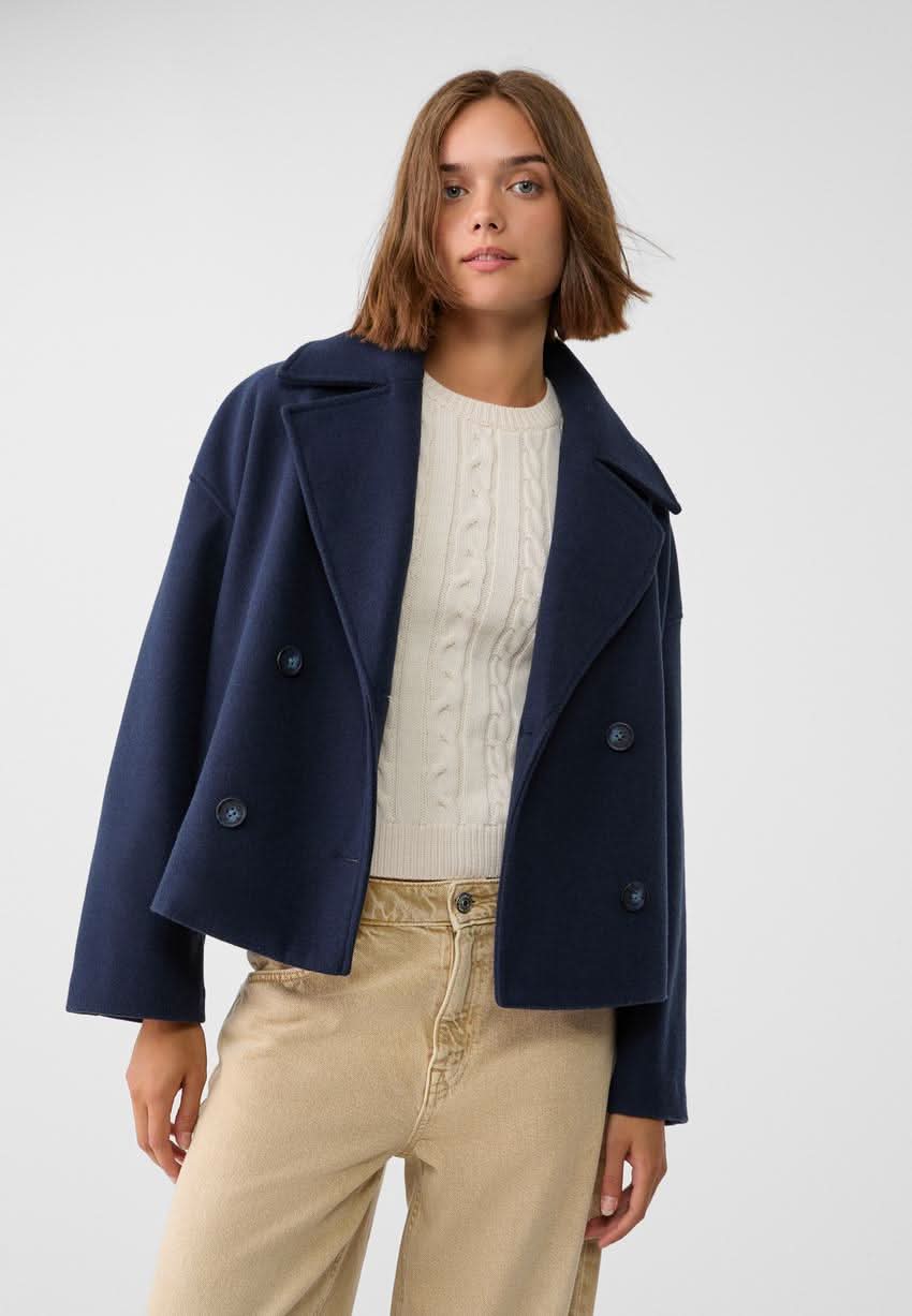 Women's Cropped Notch Lapel Double Breasted Jacket - Blue