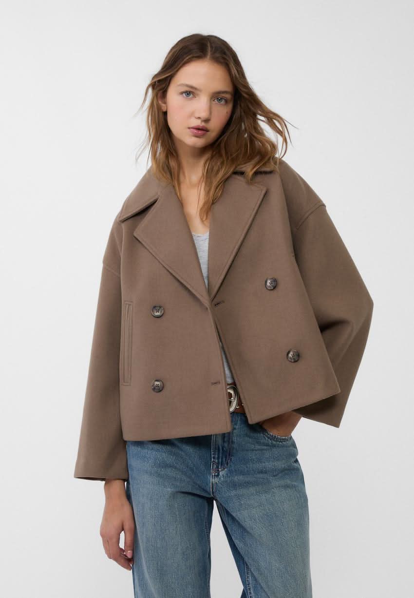 Women's Cropped Notch Lapel Double Breasted Jacket - Brown