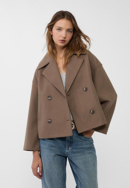 Women's Cropped Notch Lapel Double Breasted Jacket - Brown