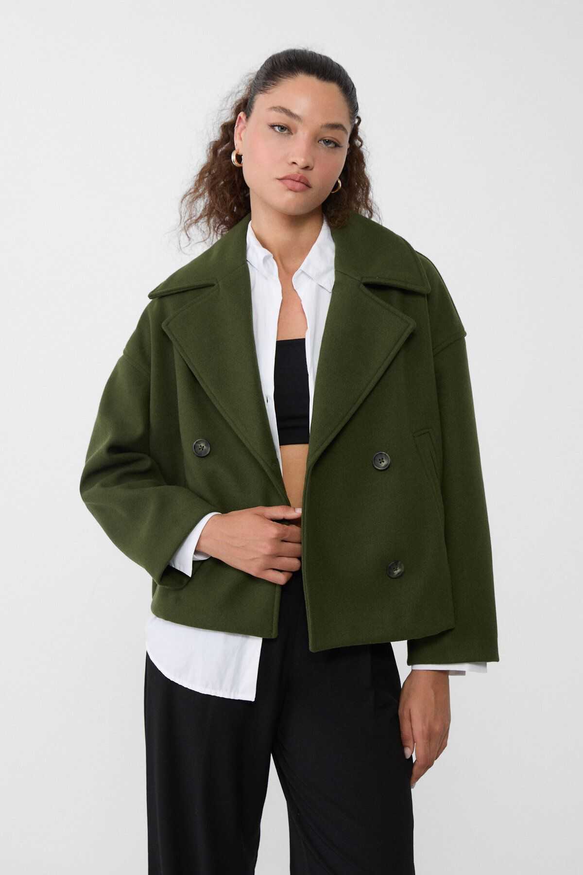 Women's Cropped Notch Lapel Double Breasted Jacket - Green