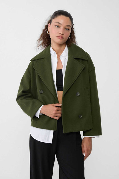 Women's Cropped Notch Lapel Double Breasted Jacket - Green