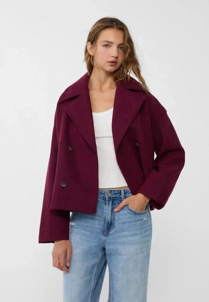 Women's Cropped Notch Lapel Double Breasted Jacket - Red