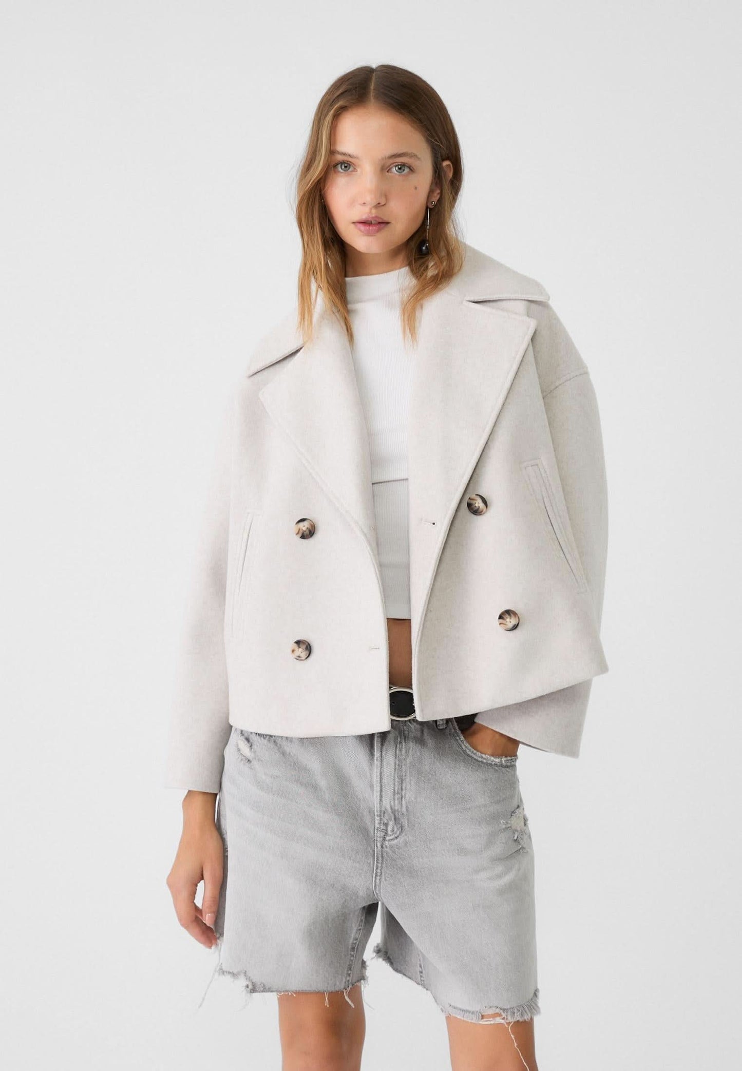 Women's Cropped Notch Lapel Double Breasted Jacket - White