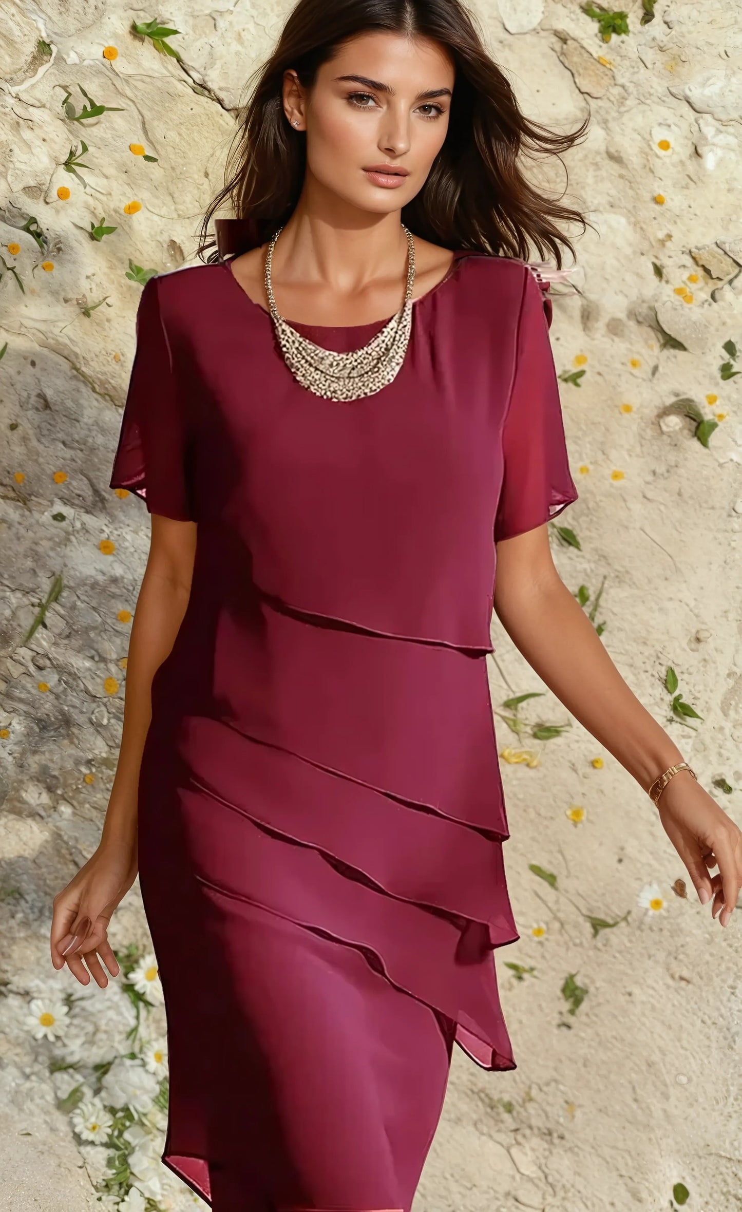 Women's Cocktail Layered Flutter Sleeve Midi Dress