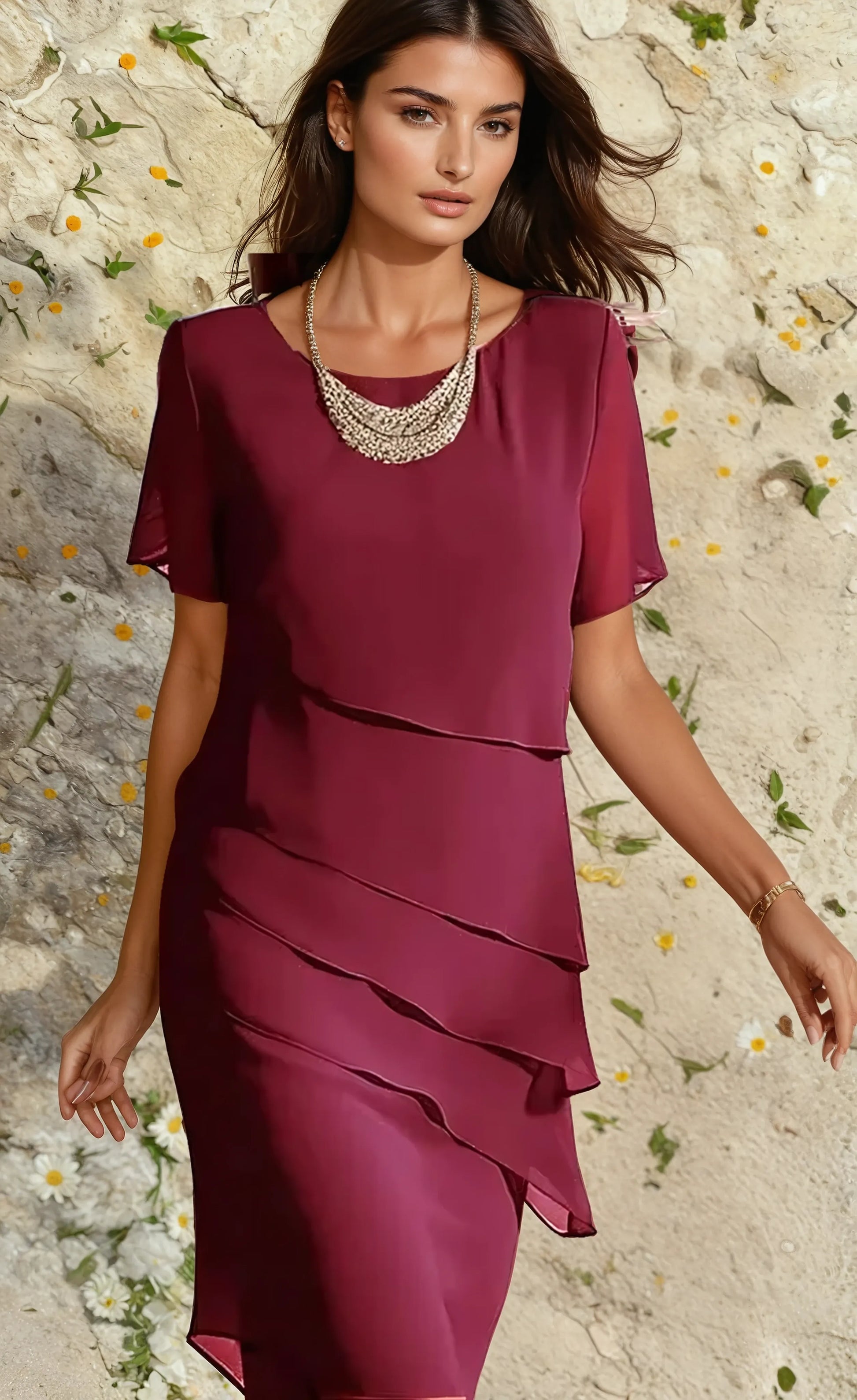 Women's Cocktail Layered Flutter Sleeve Midi Dress