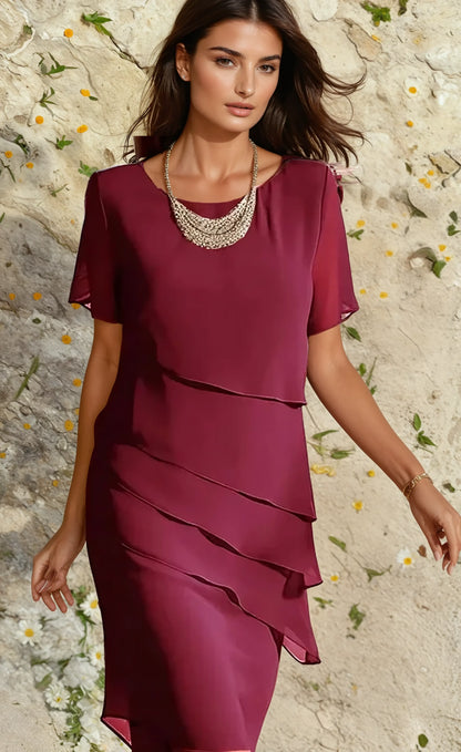 Women's Cocktail Layered Flutter Sleeve Midi Dress