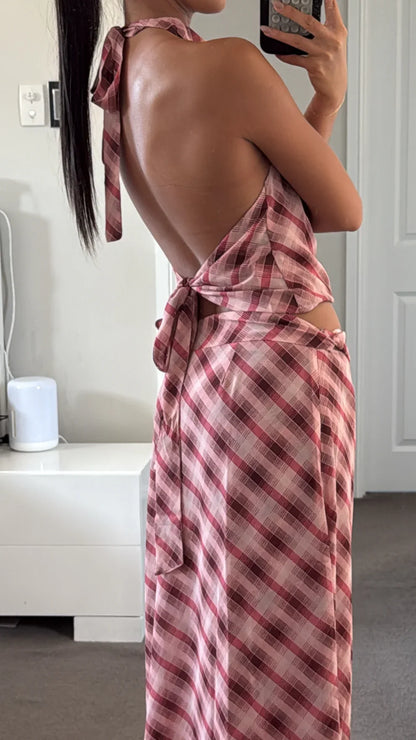 Women's Summer Plaid Halter Maxi Skirt Set