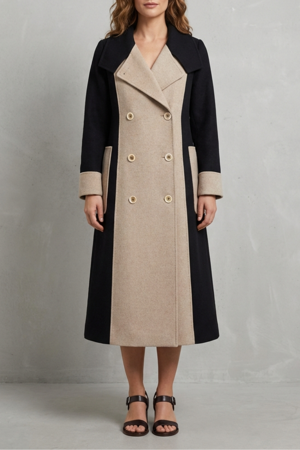 Women's Contrast Double Breasted Tailored Long Coat - Black