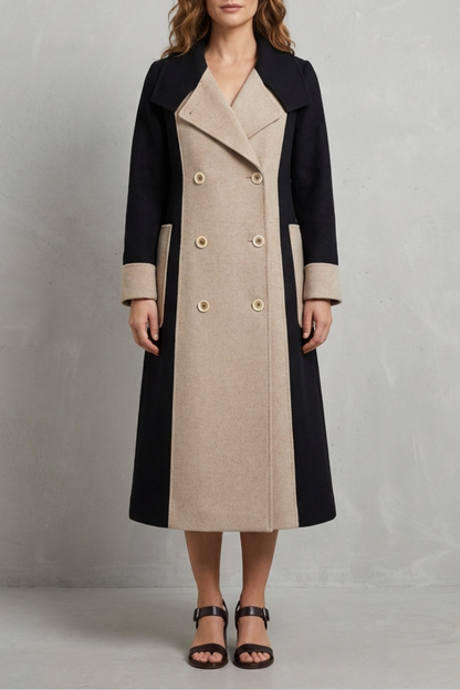 Women's Contrast Double Breasted Tailored Long Coat - Black