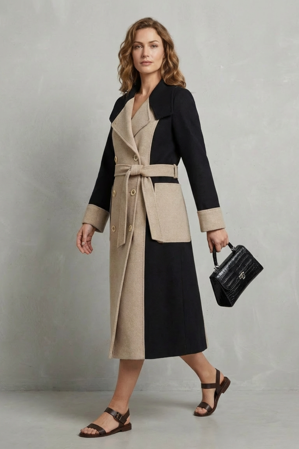 Women's Contrast Double Breasted Tailored Long Coat