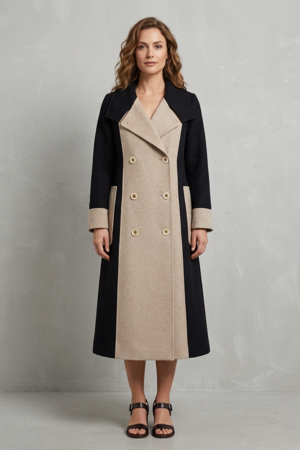 Women's Contrast Double Breasted Tailored Long Coat