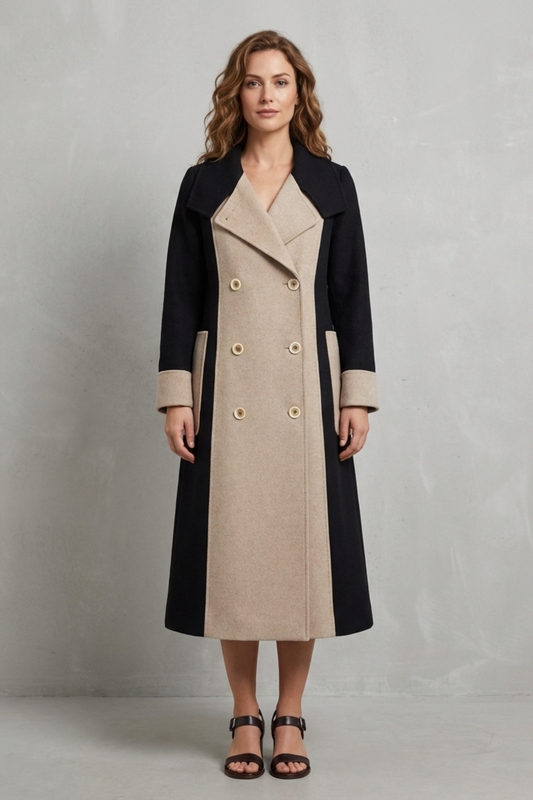 Women's Contrast Double Breasted Tailored Long Coat