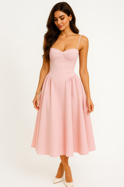 Full-length view of an elegant pink corset bodice dress for women, midi length, with spaghetti straps and a defined bustier, on a white background.