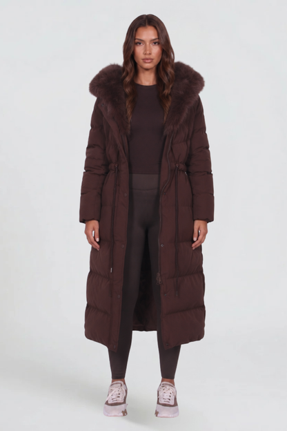 Women's Faux Fur Hooded Long Puffer Coat - Brown