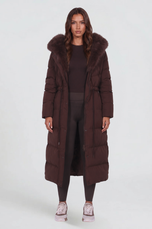 Women's Faux Fur Hooded Long Puffer Coat - Brown
