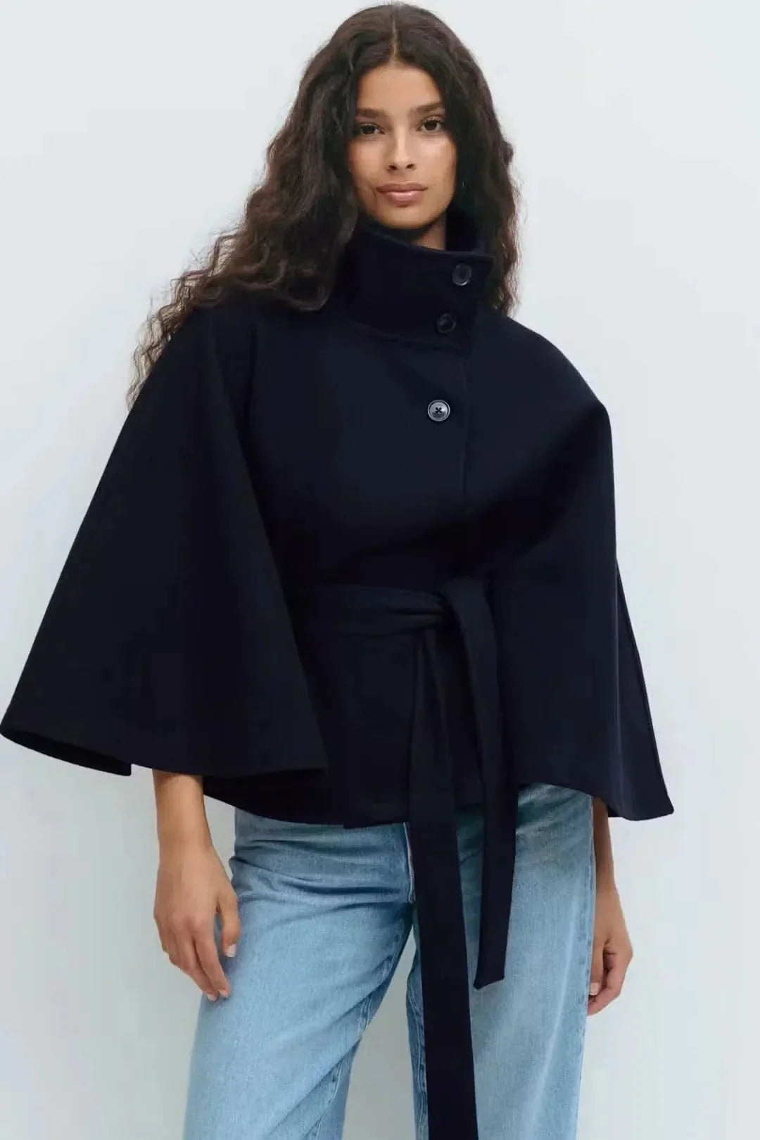 Women's Belt Cape Jacket - Navy