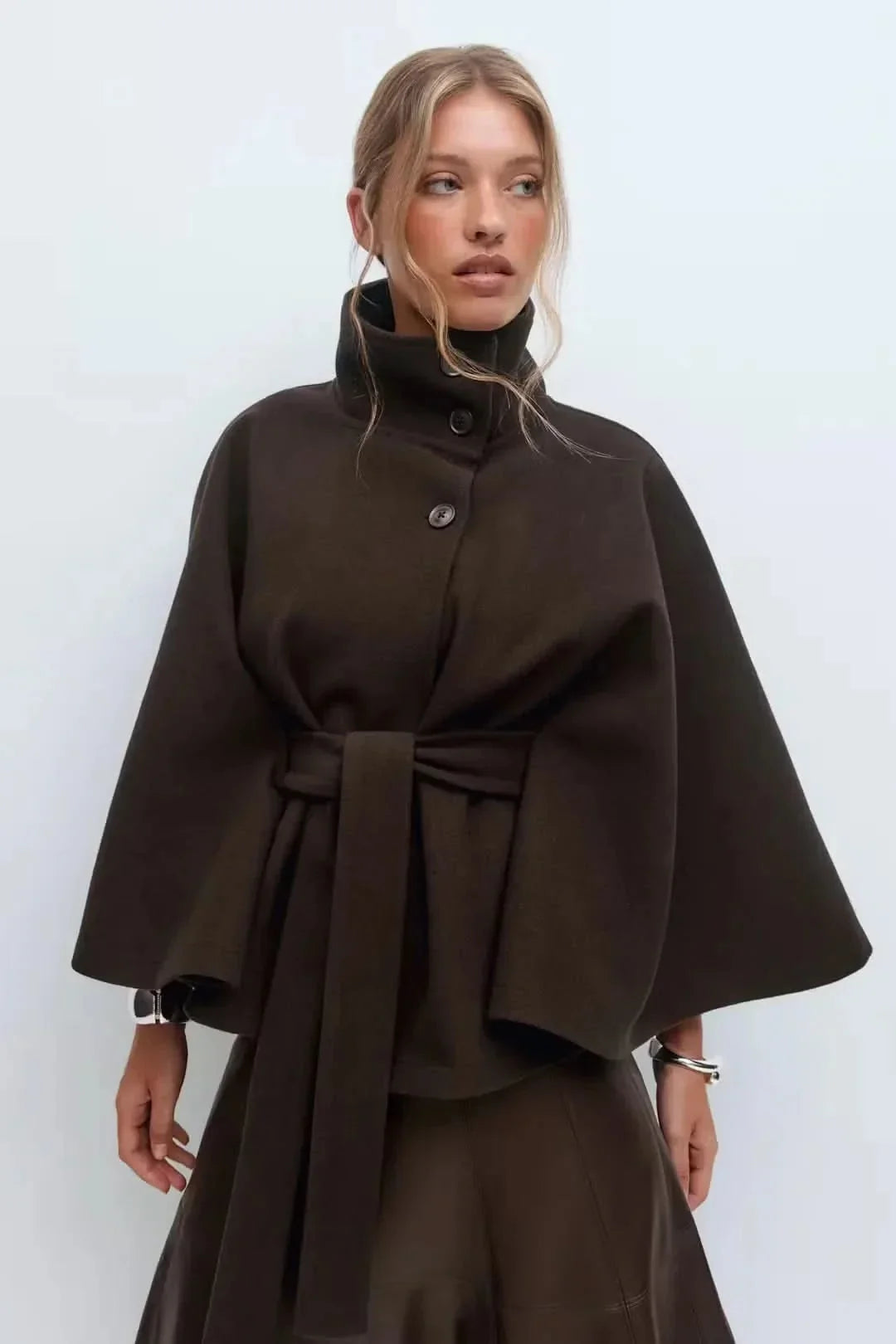 Women's Belt Cape Jacket - Brown