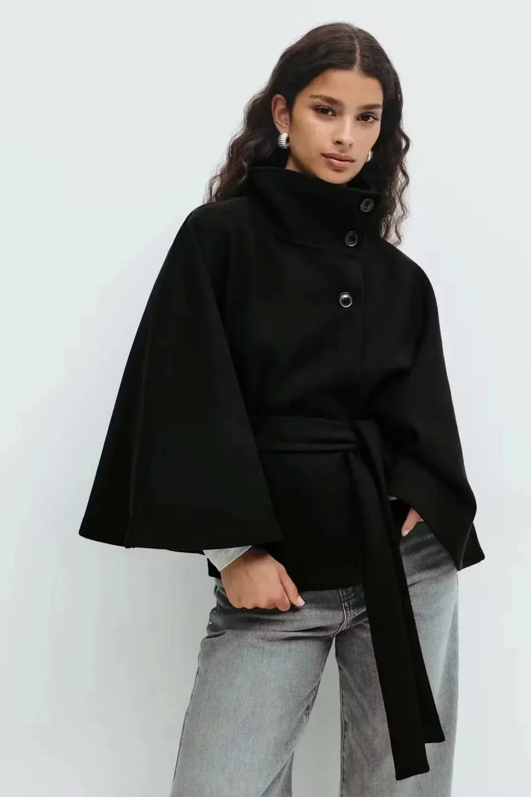 Women's Belt Cape Jacket - Black