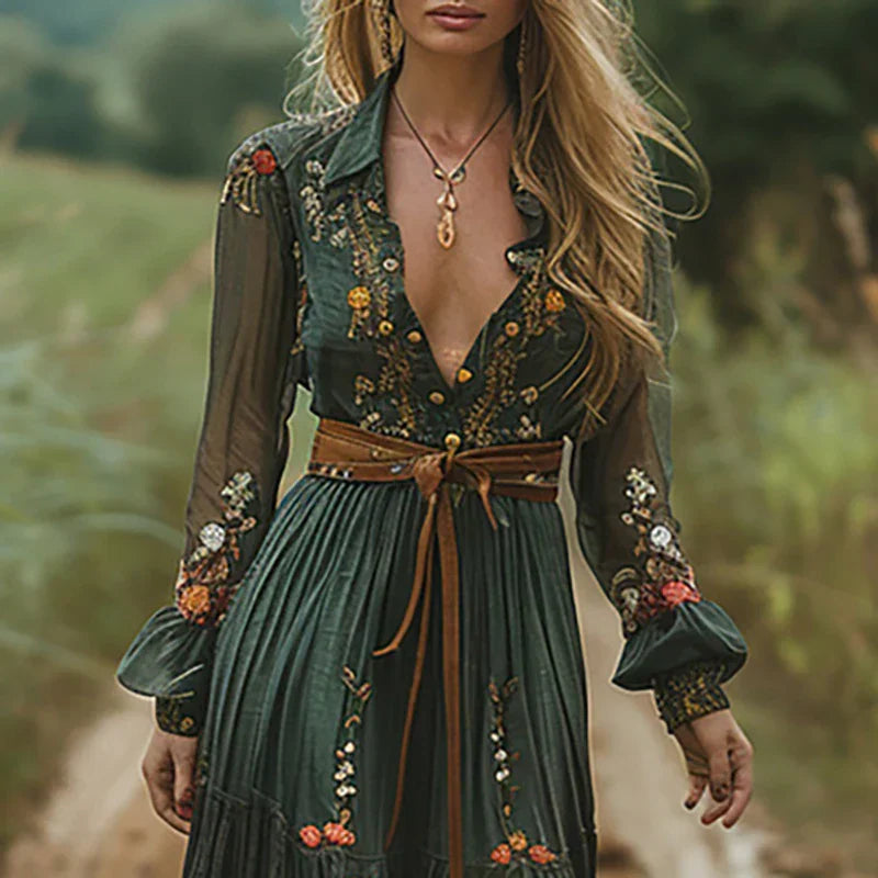 Women's Wedding Guest Floral V Neck Maxi Dress with Belt