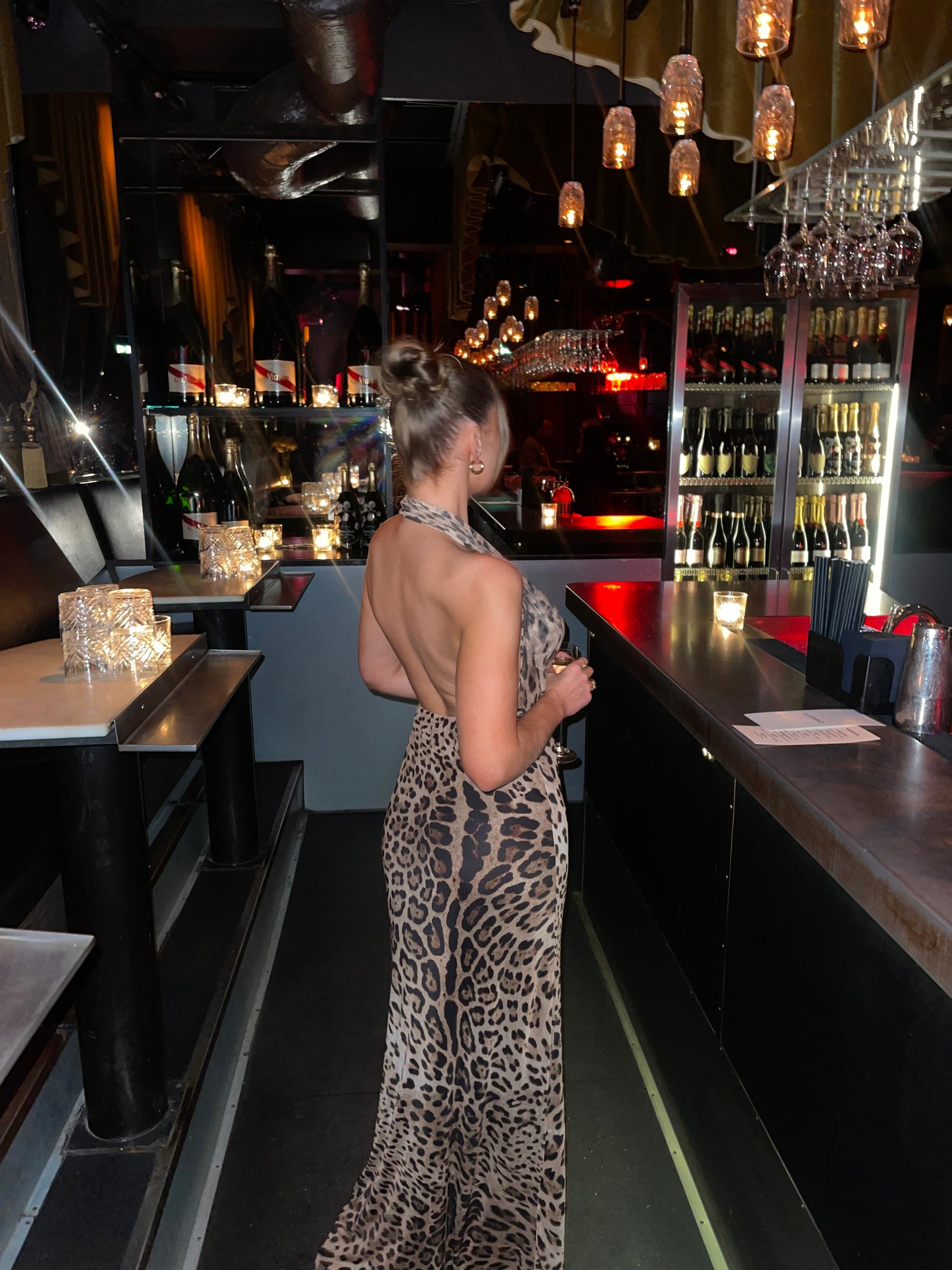 Women's Cocktail Leopard Halter Maxi Dress With Open Back