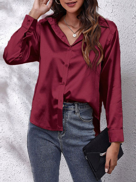 Women's Satin Collared V Neck Long Sleeve Blouse