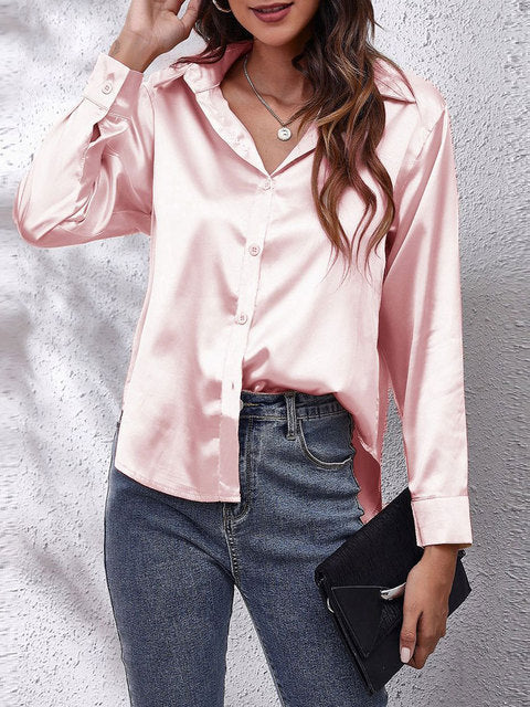 Women's Satin Collared V Neck Long Sleeve Blouse