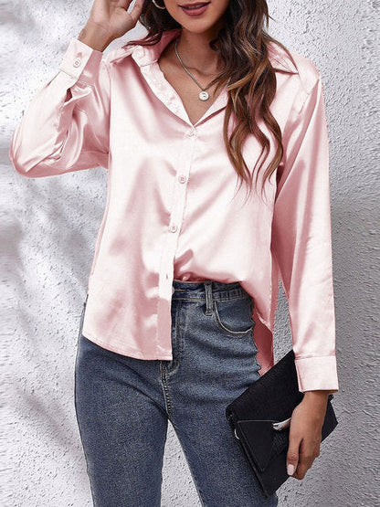 Women's Satin Collared V Neck Long Sleeve Blouse