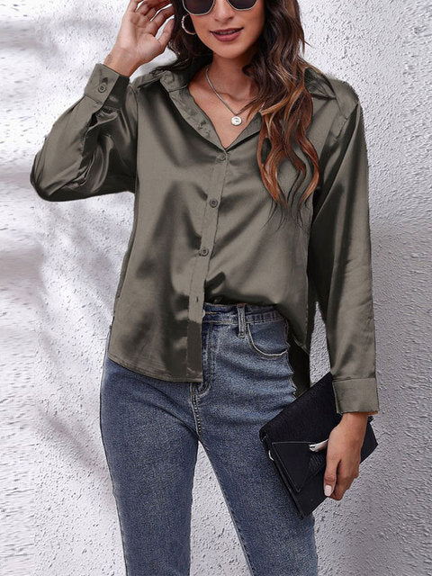 Women's Satin Collared V Neck Long Sleeve Blouse