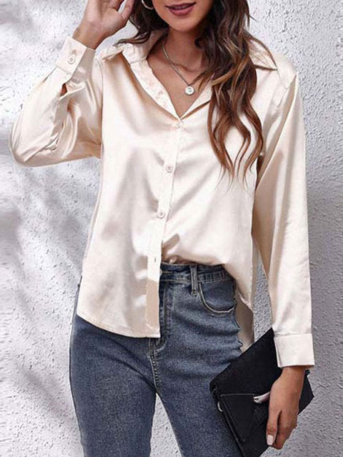 Women's Satin Collared V Neck Long Sleeve Blouse