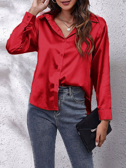 Women's Satin Collared V Neck Long Sleeve Blouse